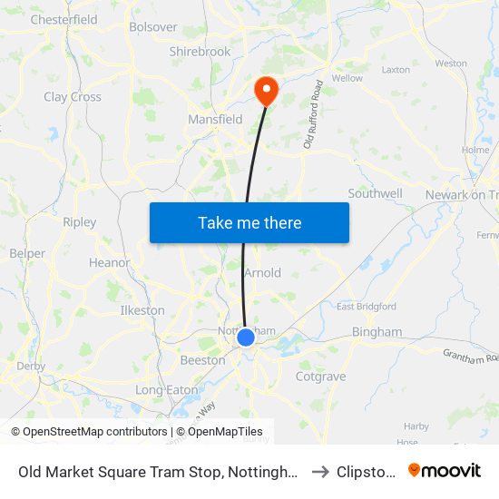 Old Market Square Tram Stop, Nottingham to Clipstone map