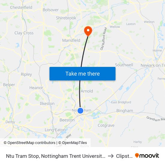 Ntu Tram Stop, Nottingham Trent University In City Centre to Clipstone map