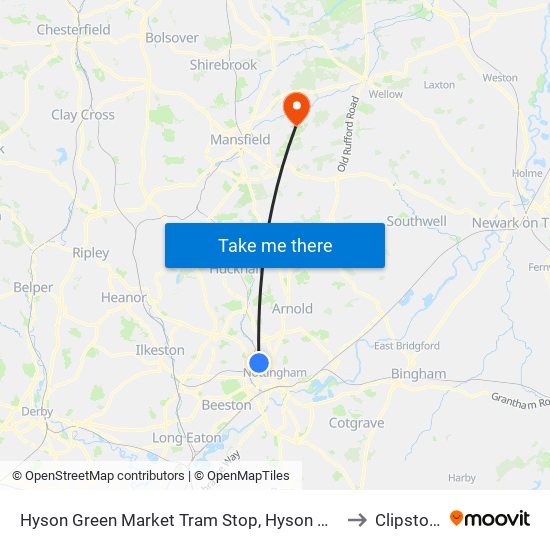 Hyson Green Market Tram Stop, Hyson Green to Clipstone map