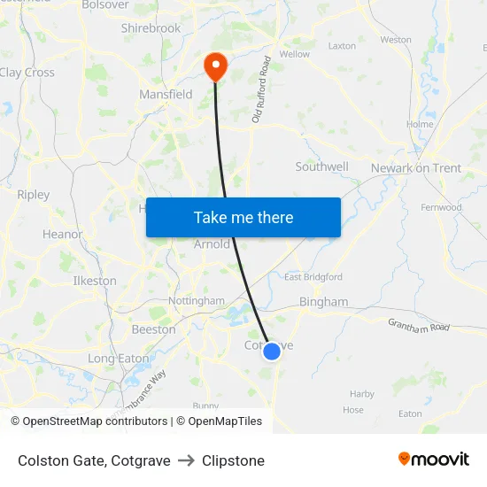 Colston Gate, Cotgrave to Clipstone map