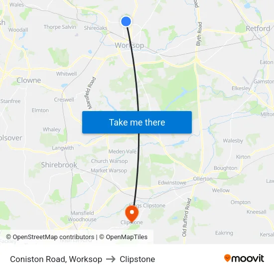 Coniston Road, Worksop to Clipstone map