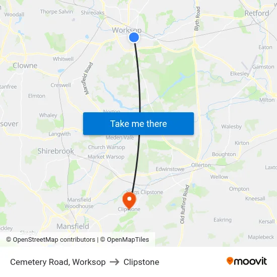 Cemetery Road, Worksop to Clipstone map