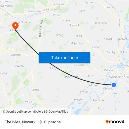 The Ivies, Newark to Clipstone map