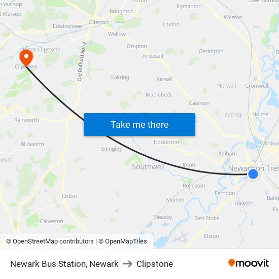 Newark Bus Station, Newark to Clipstone map