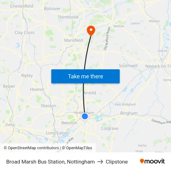 Broad Marsh Bus Station, Nottingham to Clipstone map