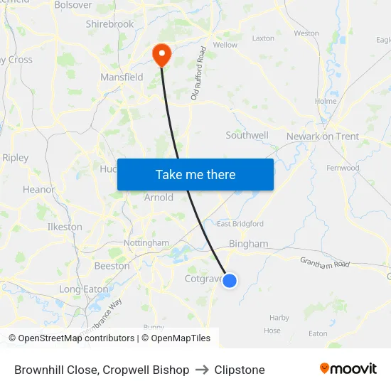 Brownhill Close, Cropwell Bishop to Clipstone map