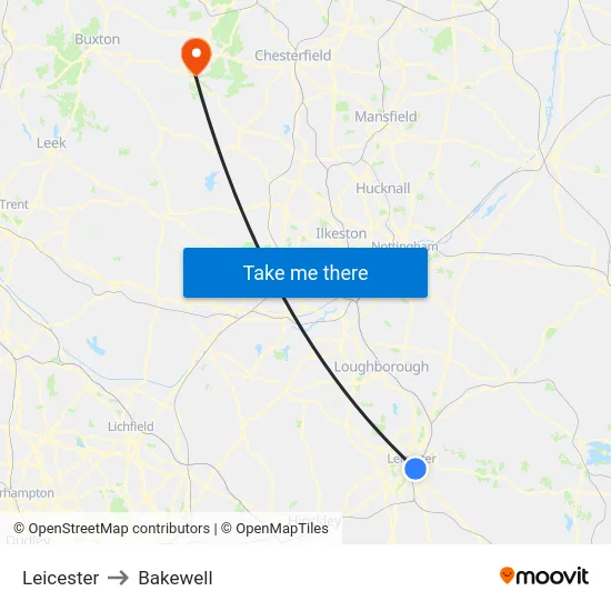 Leicester to Bakewell map