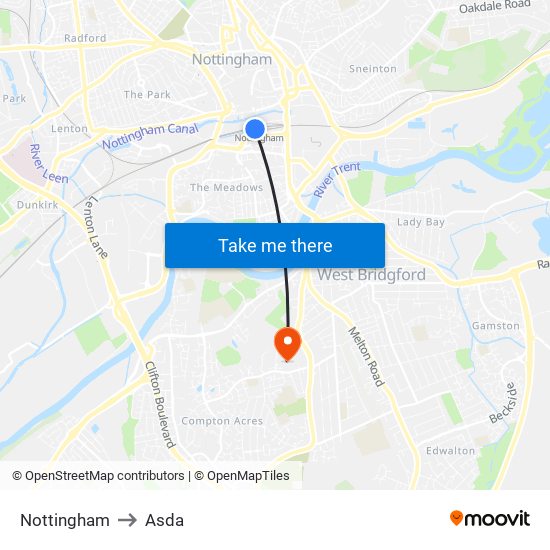Nottingham to Asda map