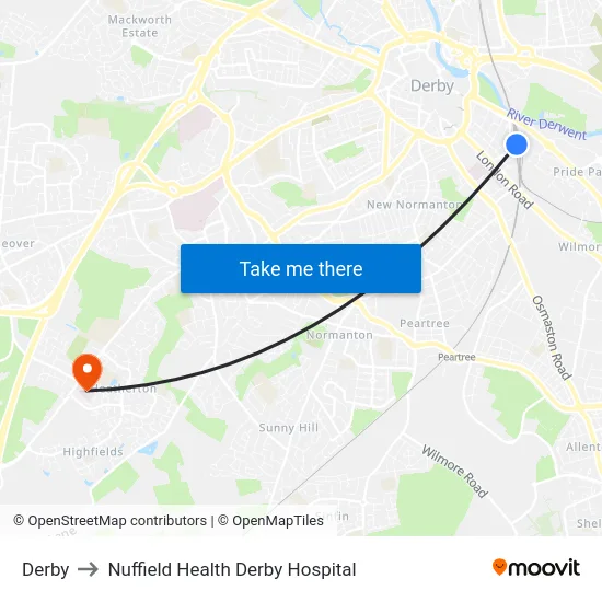 Derby to Nuffield Health Derby Hospital map