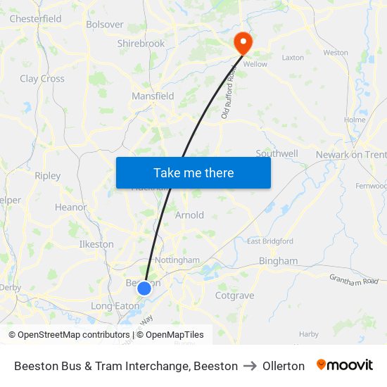Beeston Bus & Tram Interchange, Beeston to Ollerton map