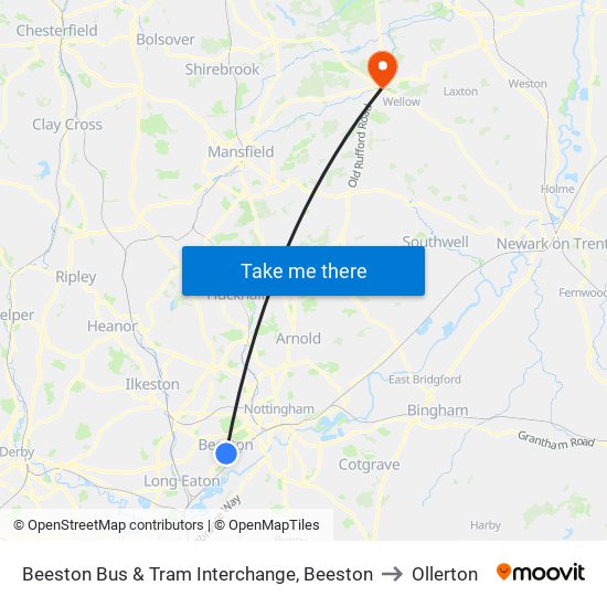 Beeston Bus & Tram Interchange, Beeston to Ollerton map