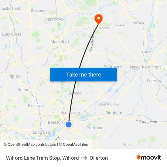 Wilford Lane Tram Stop, Wilford to Ollerton map