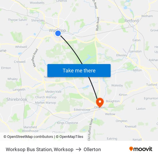 Worksop Bus Station, Worksop to Ollerton map