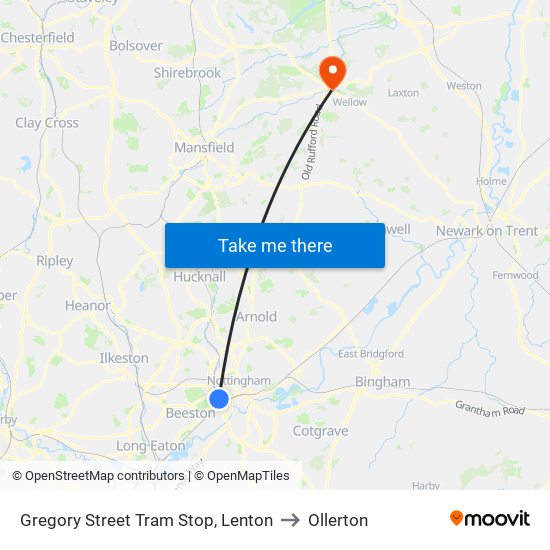 Gregory Street Tram Stop, Lenton to Ollerton map