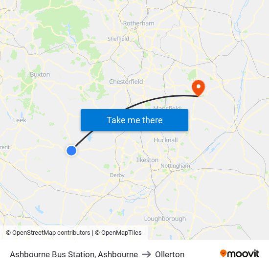 Ashbourne Bus Station, Ashbourne to Ollerton map
