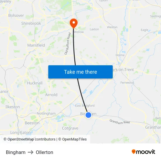 Bingham to Ollerton map