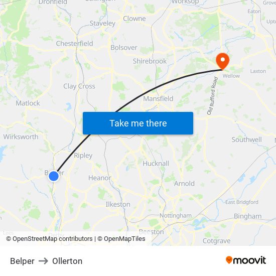 Belper to Ollerton map