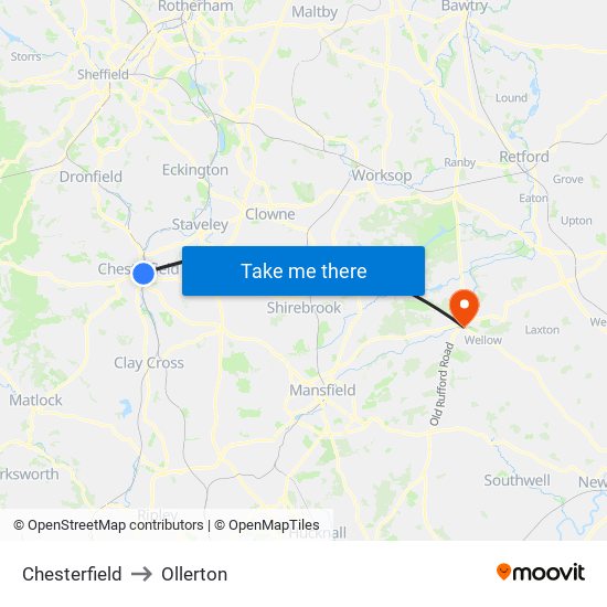 Chesterfield to Ollerton map