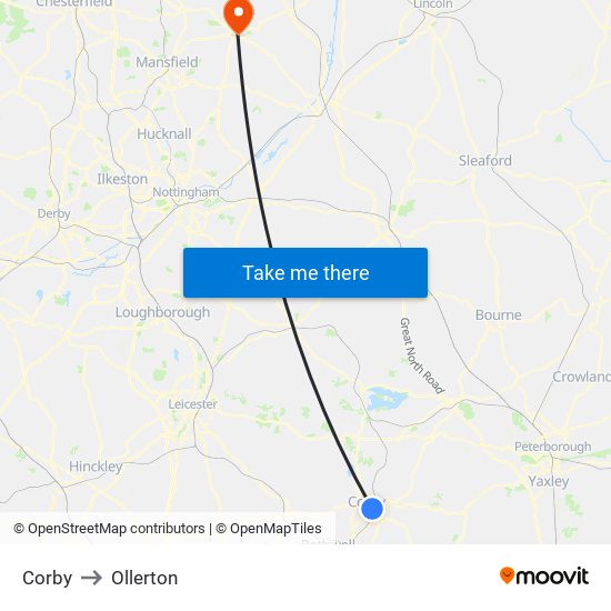 Corby to Ollerton map