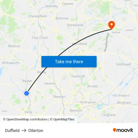 Duffield to Ollerton map