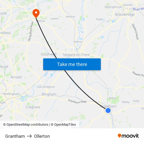 Grantham to Ollerton map