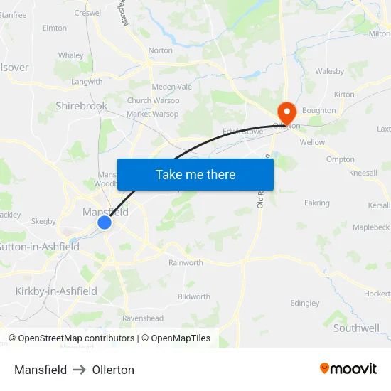 Mansfield to Ollerton map