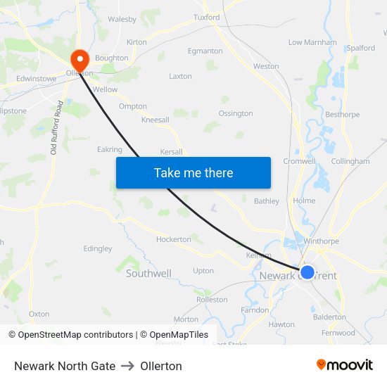 Newark North Gate to Ollerton map