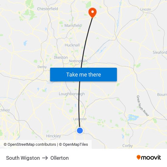 South Wigston to Ollerton map