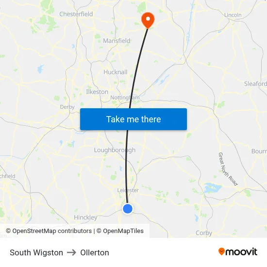 South Wigston to Ollerton map