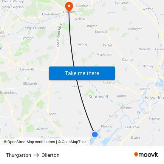 Thurgarton to Ollerton map