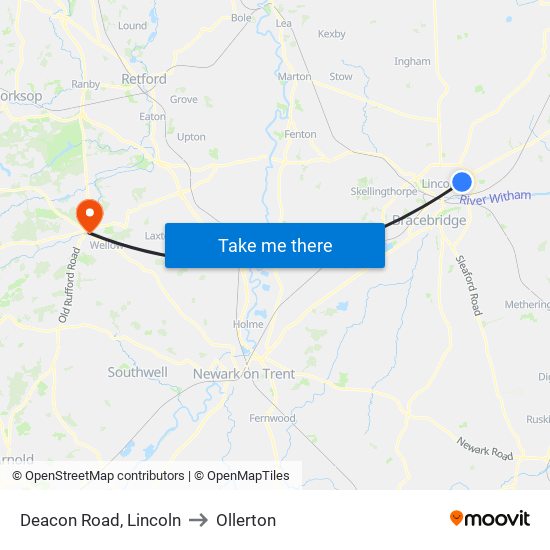Deacon Road, Lincoln to Ollerton map