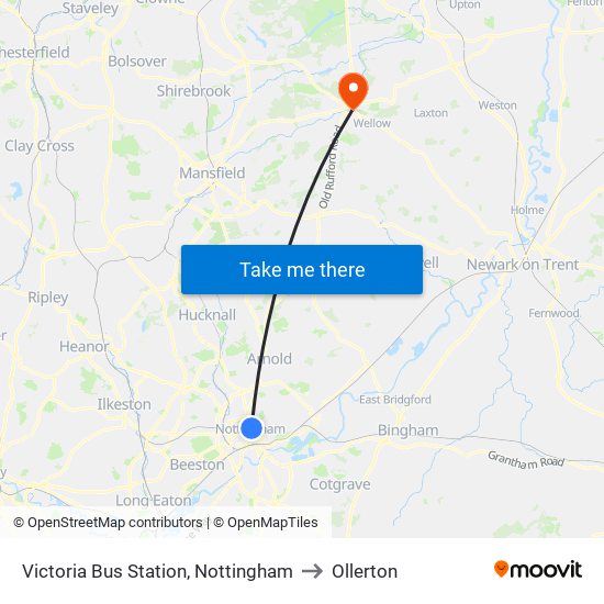 Victoria Bus Station, Nottingham to Ollerton map