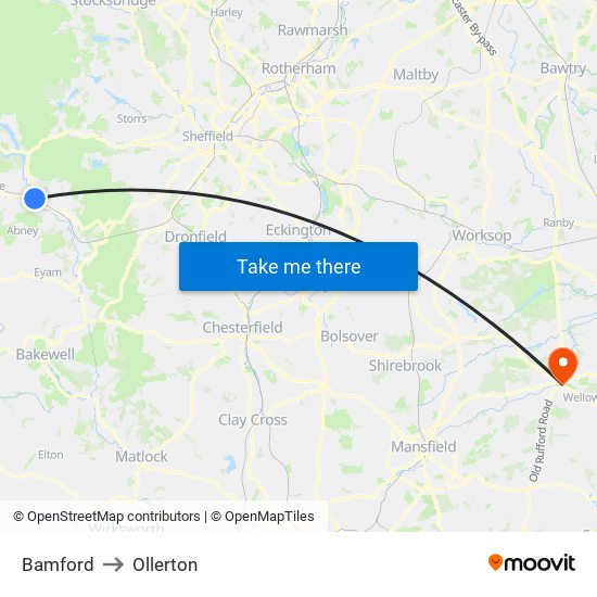 Bamford to Ollerton map