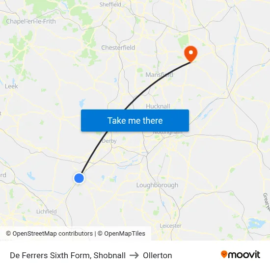 De Ferrers Sixth Form, Shobnall to Ollerton map