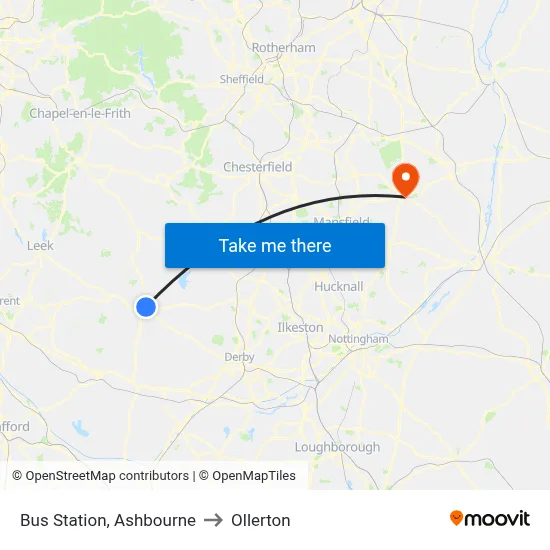 Bus Station, Ashbourne to Ollerton map