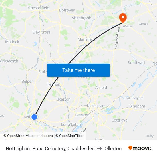 Nottingham Road Cemetery, Chaddesden to Ollerton map