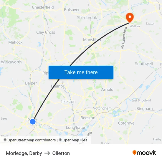 Morledge, Derby to Ollerton map