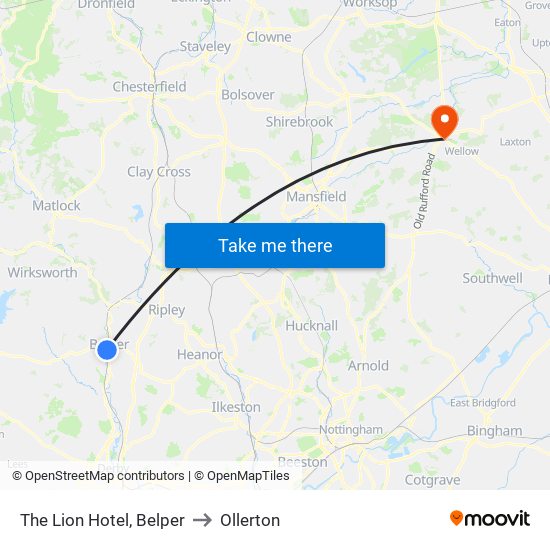 The Lion Hotel, Belper to Ollerton map