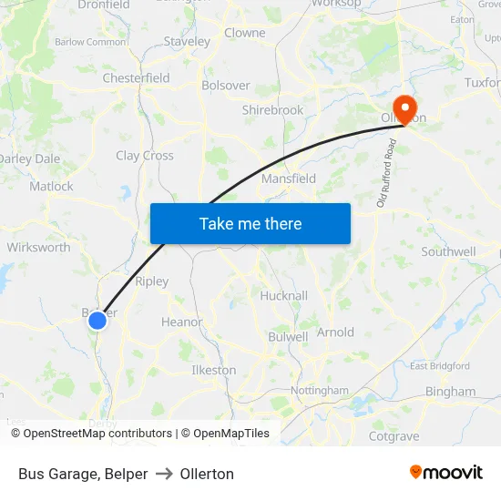 Bus Garage, Belper to Ollerton map