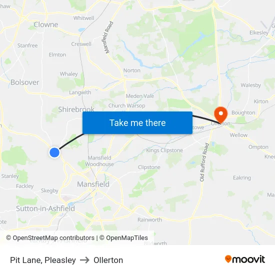 Pit Lane, Pleasley to Ollerton map