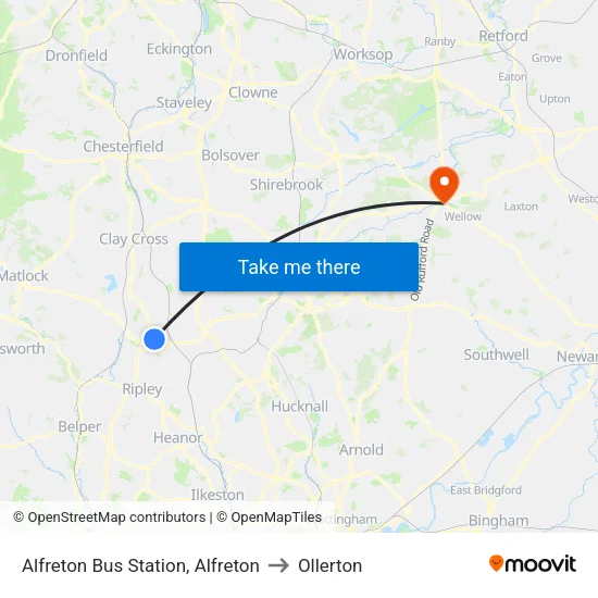 Alfreton Bus Station, Alfreton to Ollerton map