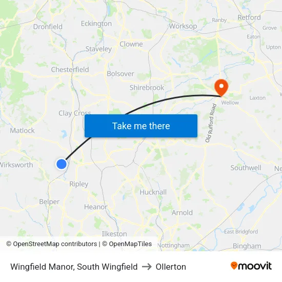 Wingfield Manor, South Wingfield to Ollerton map
