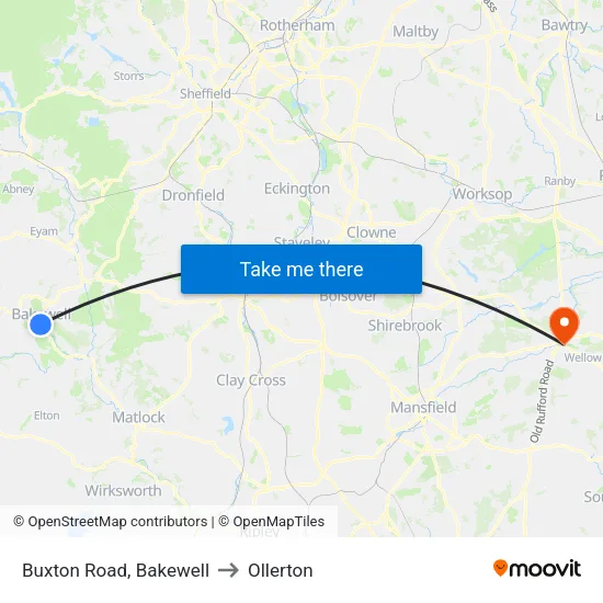 Buxton Road, Bakewell to Ollerton map