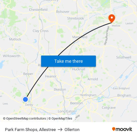 Park Farm Shops, Allestree to Ollerton map