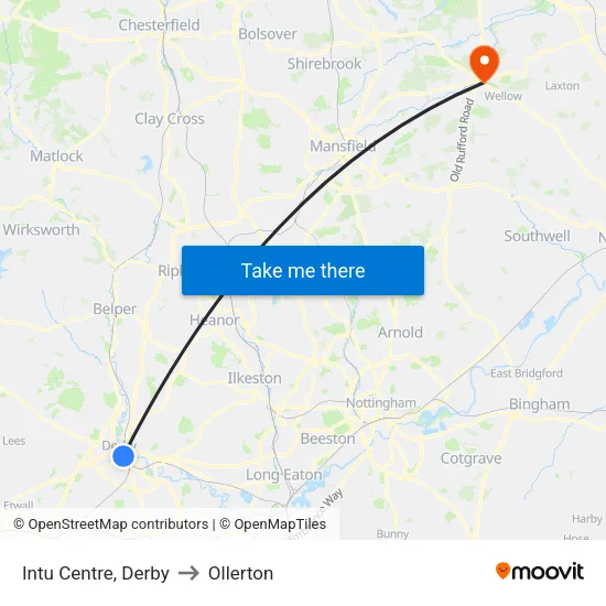 Intu Centre, Derby to Ollerton map