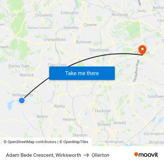 Adam Bede Crescent, Wirksworth to Ollerton map