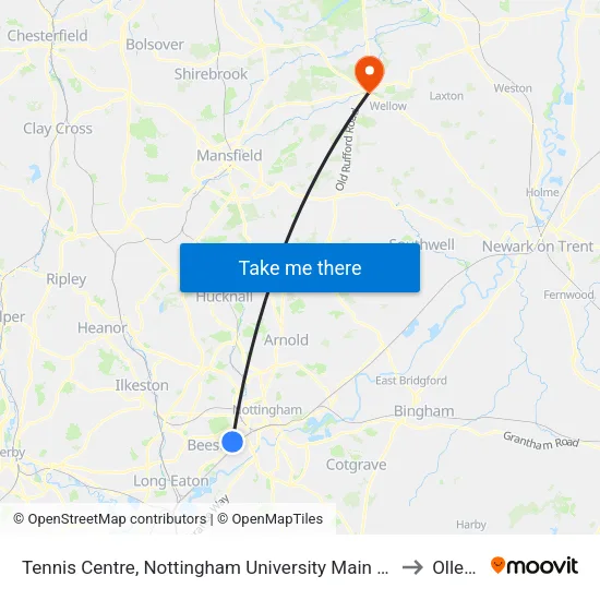 Tennis Centre, Nottingham University Main Campus (Un08) to Ollerton map