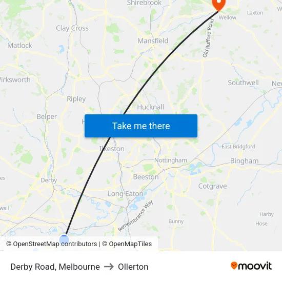 Derby Road, Melbourne to Ollerton map