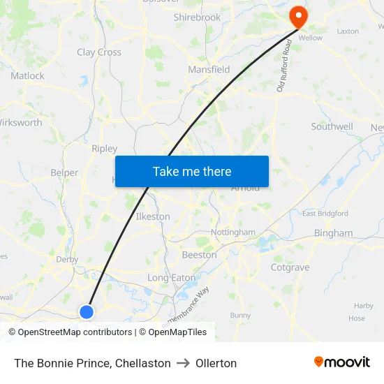 The Bonnie Prince, Chellaston - Derby to Ollerton map