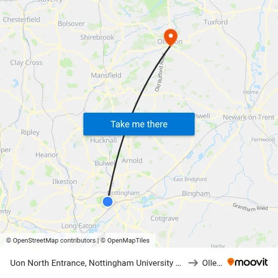 Uon North Entrance, Nottingham University Main Campus (Un14) to Ollerton map